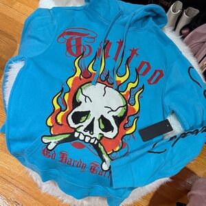 Ed Hardy Small Turquoise Hoodie with Skull and Flames New